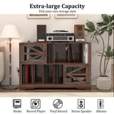 VAXZOFI Large Record Player Stand with Vinyl Storage, 500+ Vinyl Record Storage Cabinet, 47 Inch Record Player Table with Power Outlet, Farmhouse Wooden Turntable Stand for Living Room, Walnut VAXZOFI