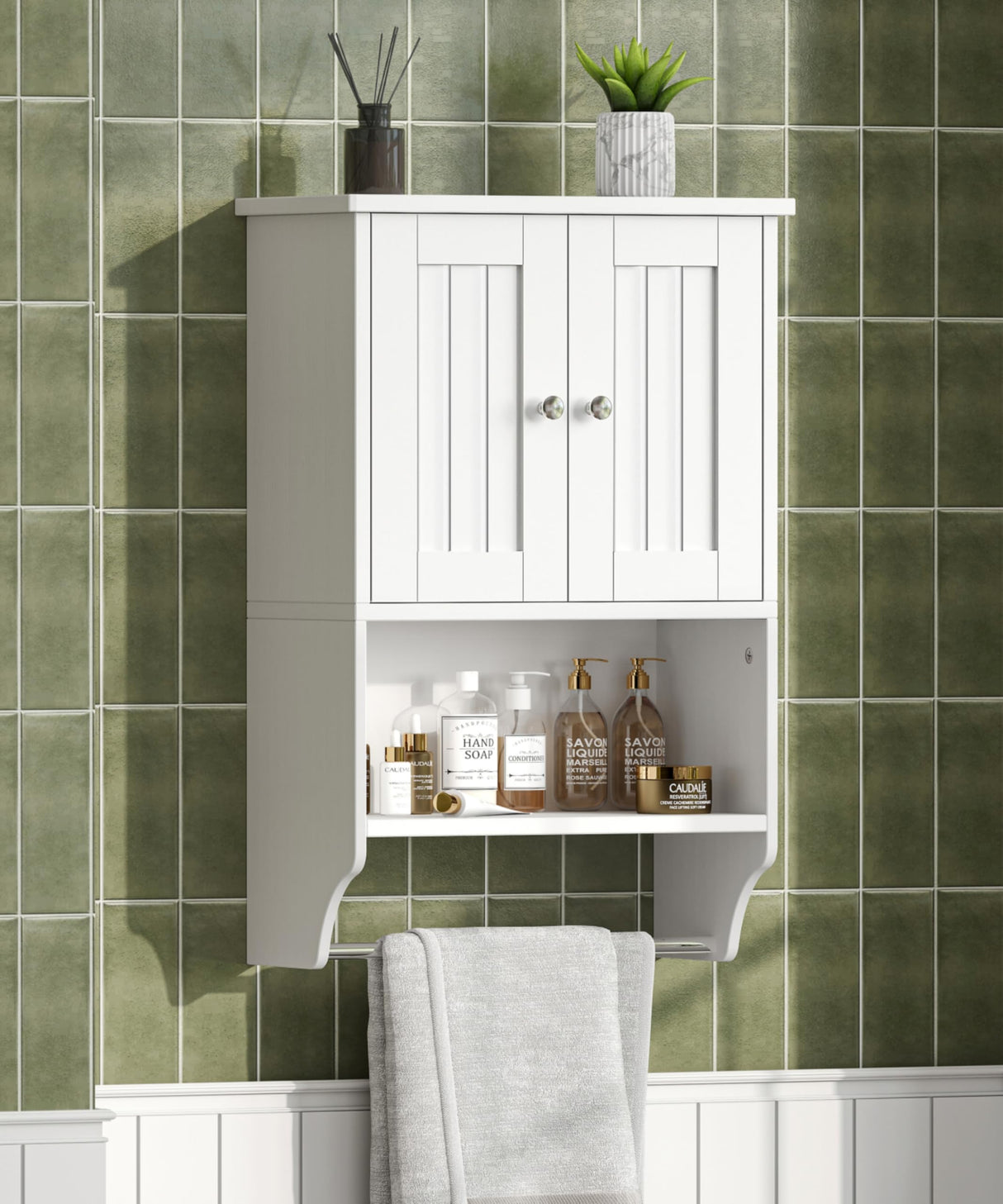 Irontar Small Medicine Cabinet with Towel Bar, Modern Bathroom Wall Cabinet with 2 Lined Doors, Over the Toilet Storage Cabinet with Adjustable Shelf, for Bathroom, Living Room, Kitchen, White CWG018W Irontar