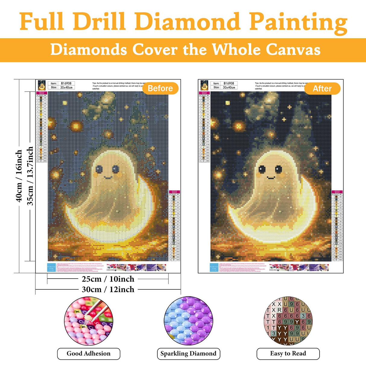 Halloween Diamond Art Kits for Adults Ghost, DIY 5D Diamond Painting Kit for Beginners Moon, Full Round Drill Gem Art Dots for Adults, Perfect for Home Wall Decor 12X16 Inch Okarina