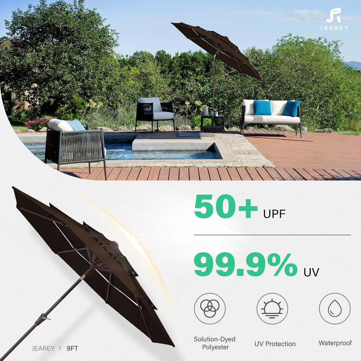 JEAREY 9FT 3 Tier Patio Umbrella Outdoor Market Umbrella Table Umbrellas Sunbrella with Button Tilt and Crank UV Protection Outside Garden Pool Umbrella,Coffee JEAREY