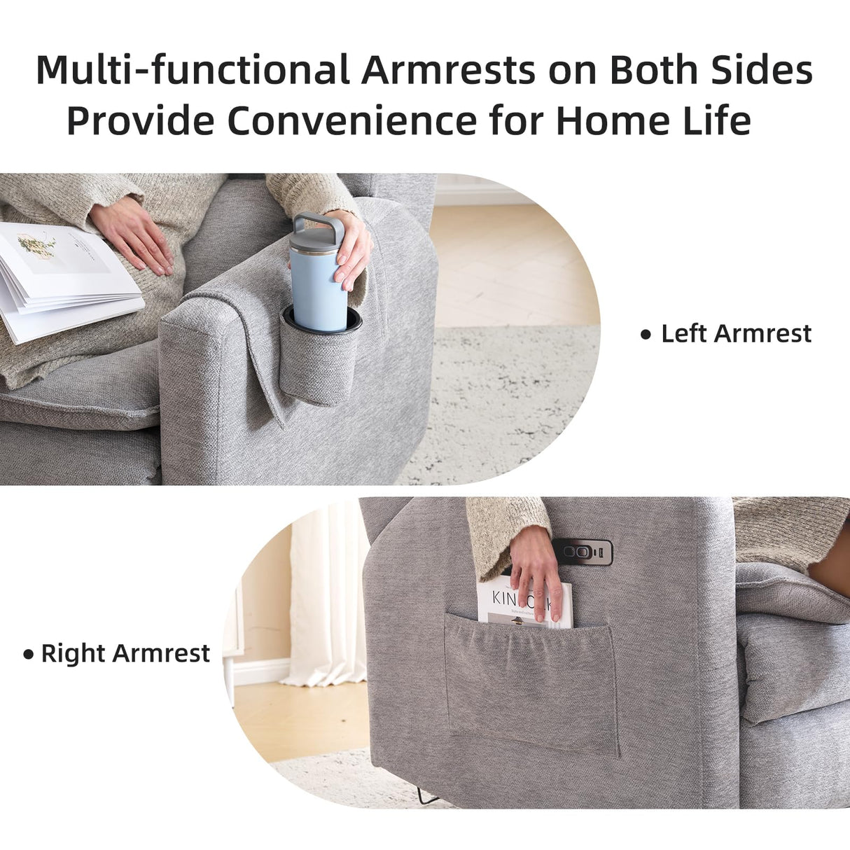 Rhevoy Oversized Swivel Rocker Recliner Chair, 26" Extra Wide Glider Nursery Chair with Adjustable Headrest, Chenille Power Recliner Rocking with Double Cushion, Cup Holder, Grey Rhevoy