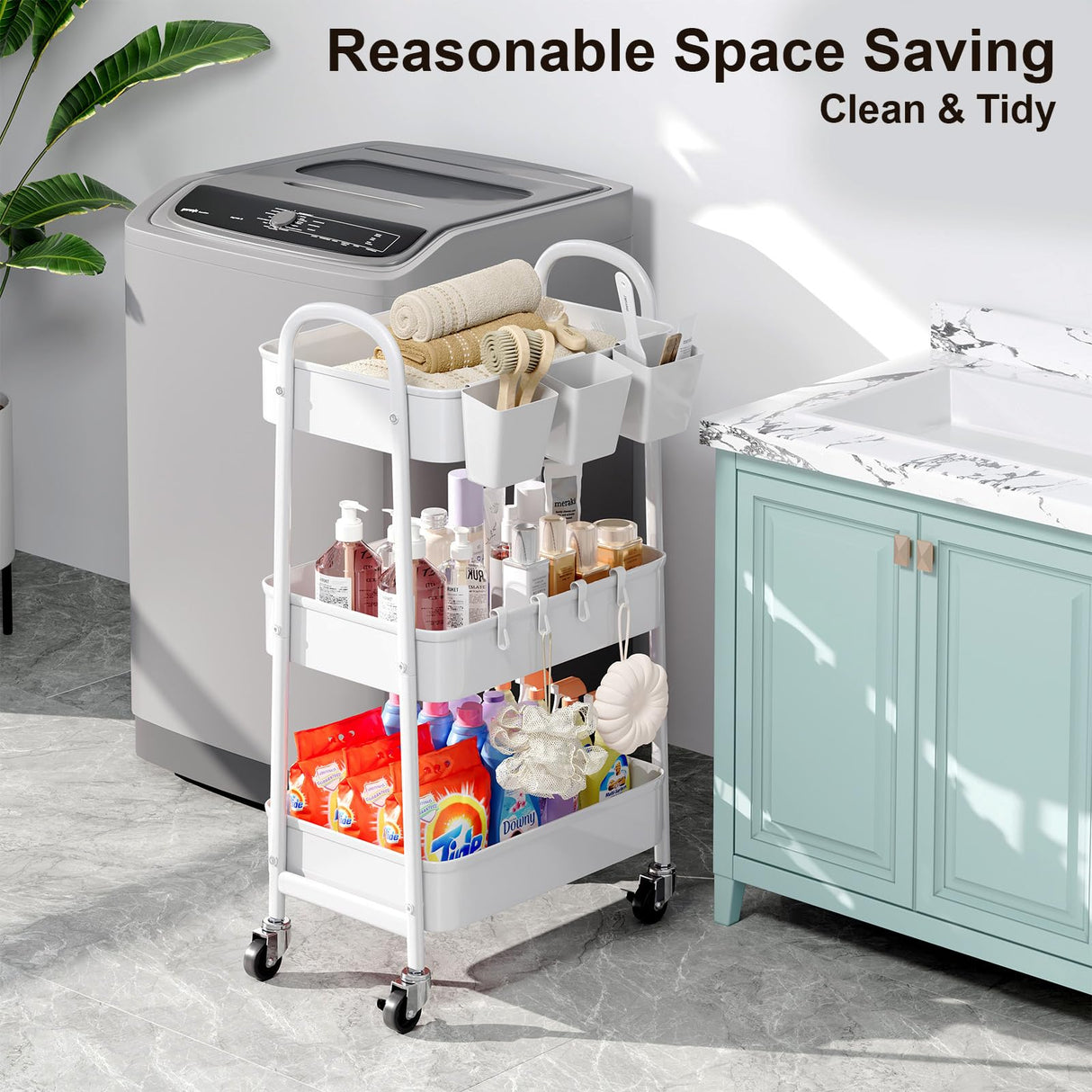 3 Tier Heavy Duty White Metal Rolling Cart with Lockable Wheels, Three Tier Roller Book Snack Cart, Utility Storage Organizer Carts for Kitchen, Bathroom, Garage, Baby Diaper, Craft, Art, Teacher Recximi