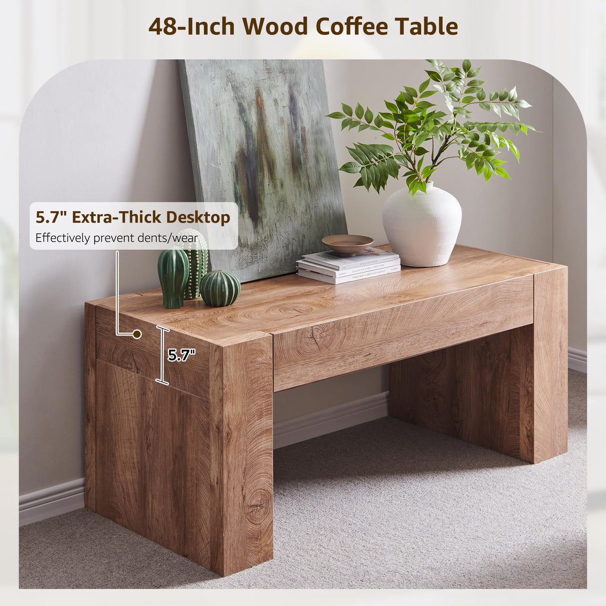 OKD 48" Modern Farmhouse Coffee Table, Wooden Living Room Table with Hidden Storage Drawer, Rustic Rectangular Center Tables w/Wood Thick Design for Living Room, Office, Light Knotty Wood OKD