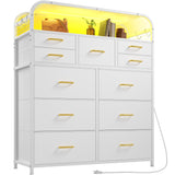 EnHomee White Dresser,11 Drawer Dresser for Bedroom with LED Lights & Charging Station, Fabric Dressers & Chest of Drawers,2 Tier Wooden Shelves, 4 Hooks, Dresser for Bedroom,Entryway,Sturdy Frame EnHomee