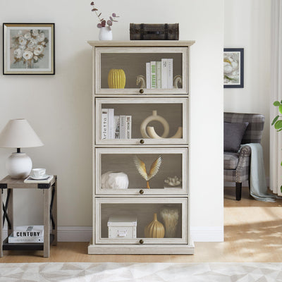 Heliodeck Tall Bookcase with Glass Doors, 63" H Farmhouse Glass Display Cabinet, 4 Tier Display Cabinet Storage Curio Cabinets, Bookcase for Living Room, White