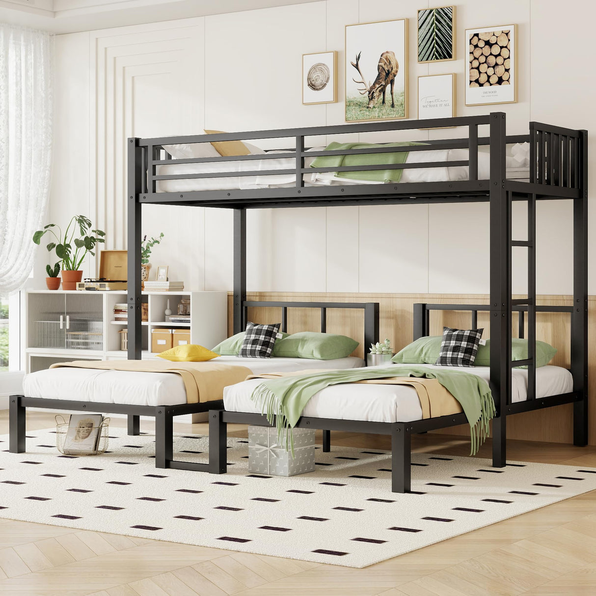 KEIKI Metal Triple Bunk Bed, Heavy Duty Twin XL Over Twin Over Twin Beds Frame w/Guardrails & Ladder, Detachable Kids BunkBed for 3, Girls Boys Teens Bedroom Loft Bed, No Box Spring Needed, Black KEIKI