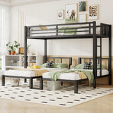 KEIKI Metal Triple Bunk Bed, Heavy Duty Twin XL Over Twin Over Twin Beds Frame w/Guardrails & Ladder, Detachable Kids BunkBed for 3, Girls Boys Teens Bedroom Loft Bed, No Box Spring Needed, Black KEIKI