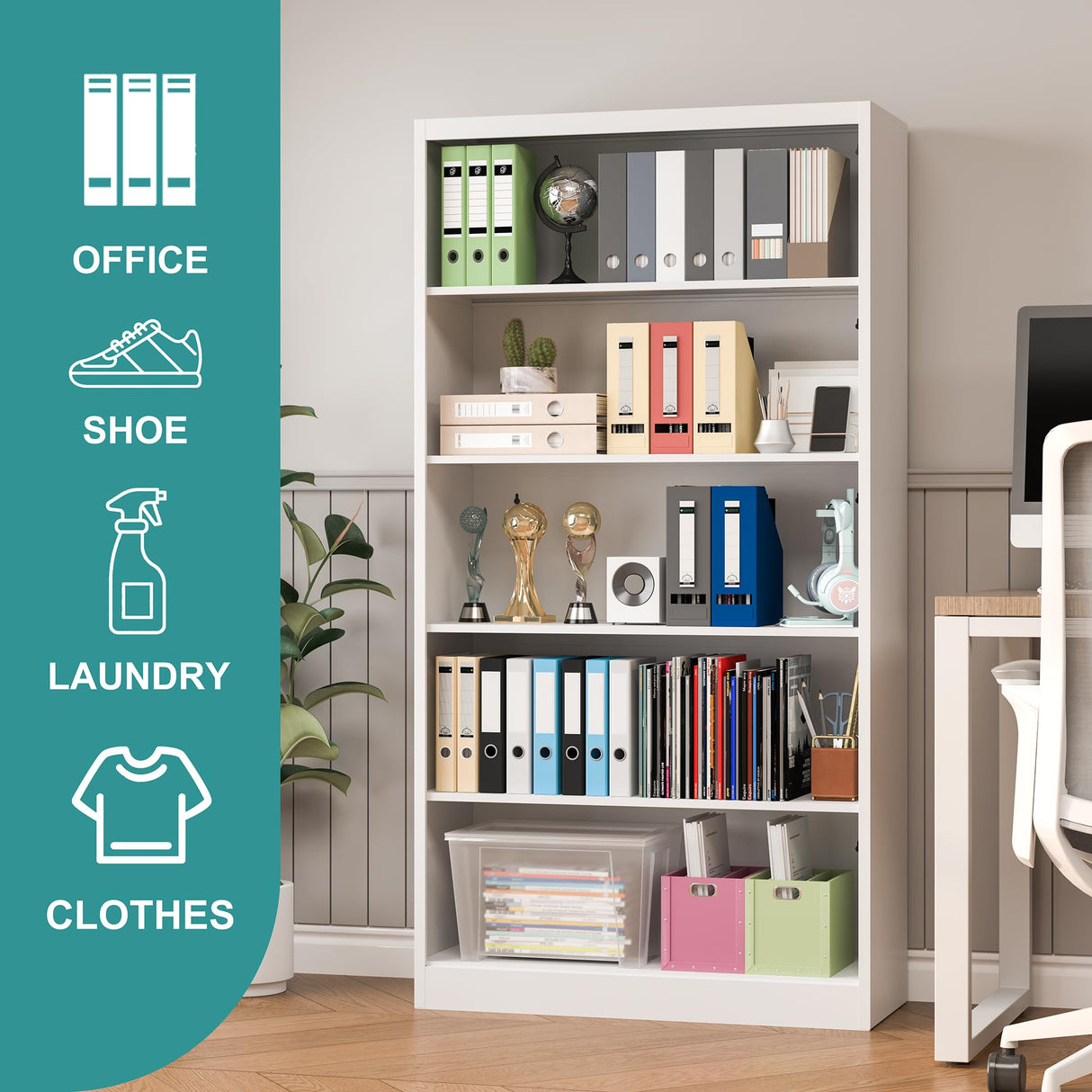 RpAosd 66" Tall Bookcase, 14" Deep 5-Tier Bookshelf with Adjustable Shelves, White Metal Bookshelves with Large Capacity, Heavy Duty Book Shelf for Storage, Library Bookcase Home Office, School RpAosd