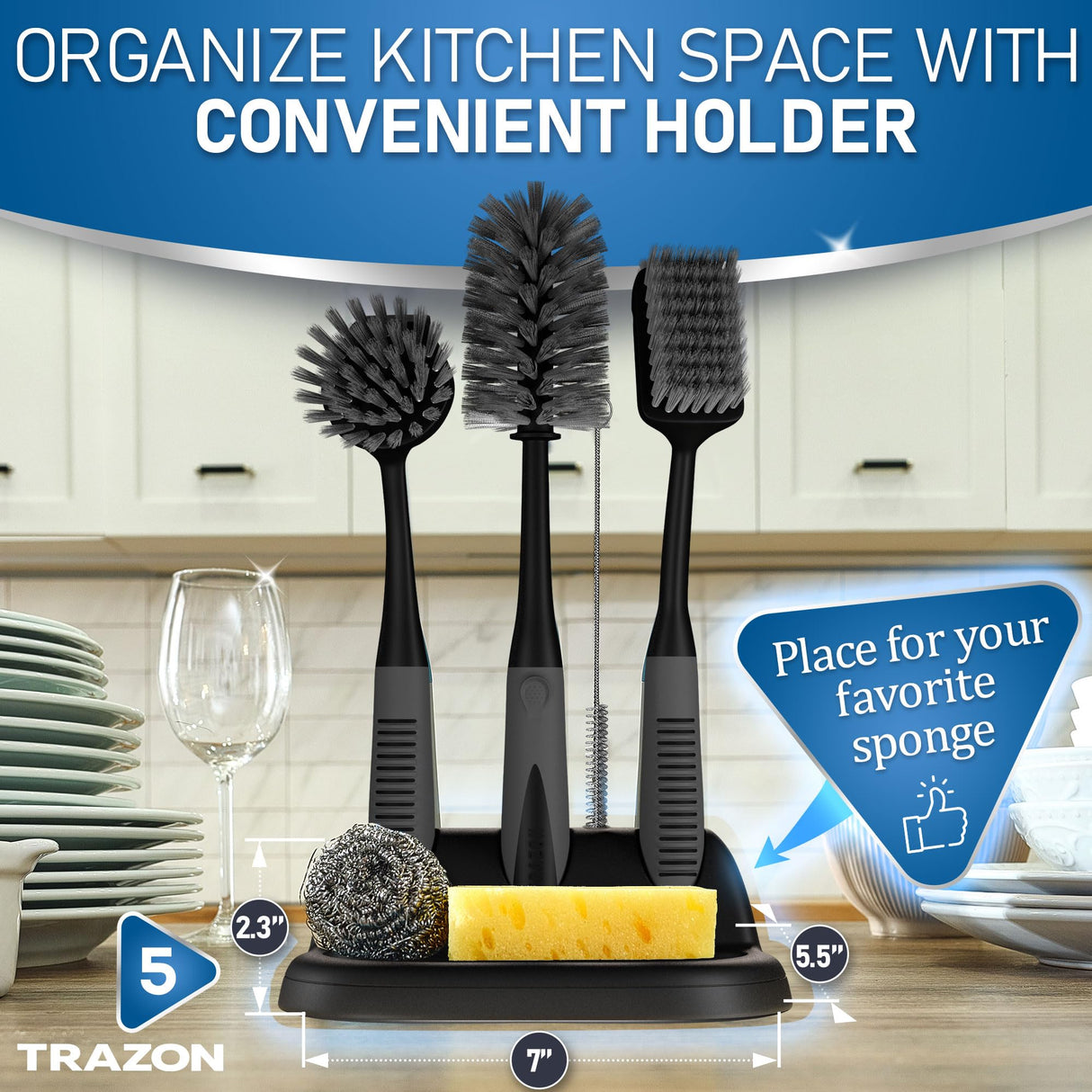 Dish Brush Set of 5 with Convenient Holder, Bottle Water Brush, Dish Scrub Brush, Scrubber Brush and Straw Brush - Kitchen Scrub Brushes Non Slip Long Handle for Sink Dishes Cup Pot Trazon