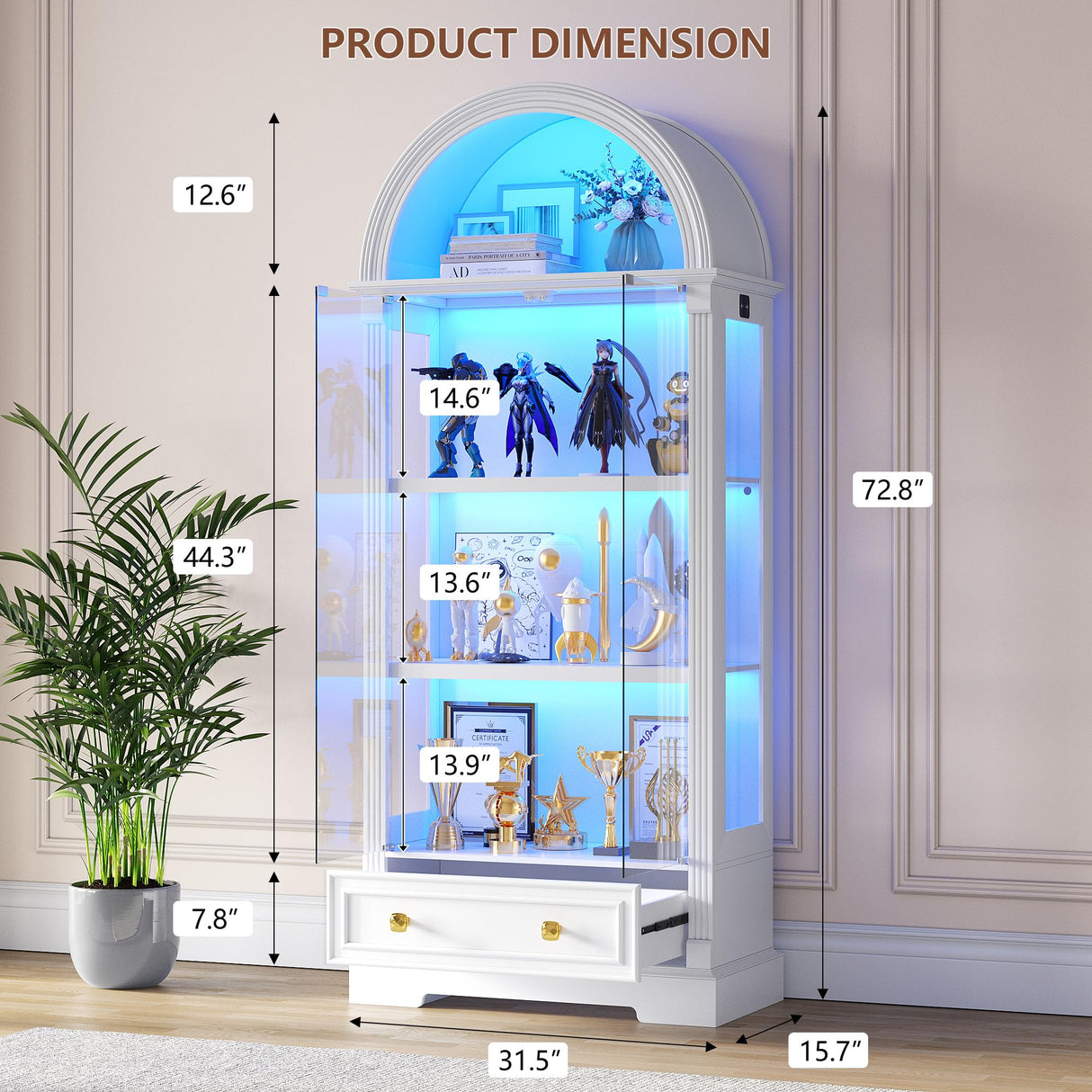 Lighted Display Cabinet with Glass Doors, 72" Tall Curio Cabinet - 4 Tier Display Case with Human Sensor Lights, Bookcase for Collectibles Toys Books, White Dystler