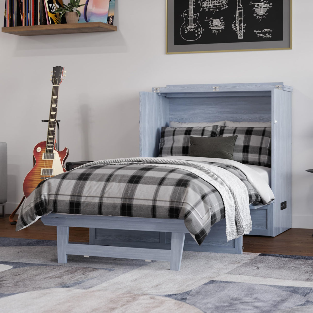 AFI, Northfield Murphy Bed Chest Twin XL with 6" Mattress, Storage Drawer & Built-in USB Charger, Driftwood AFI