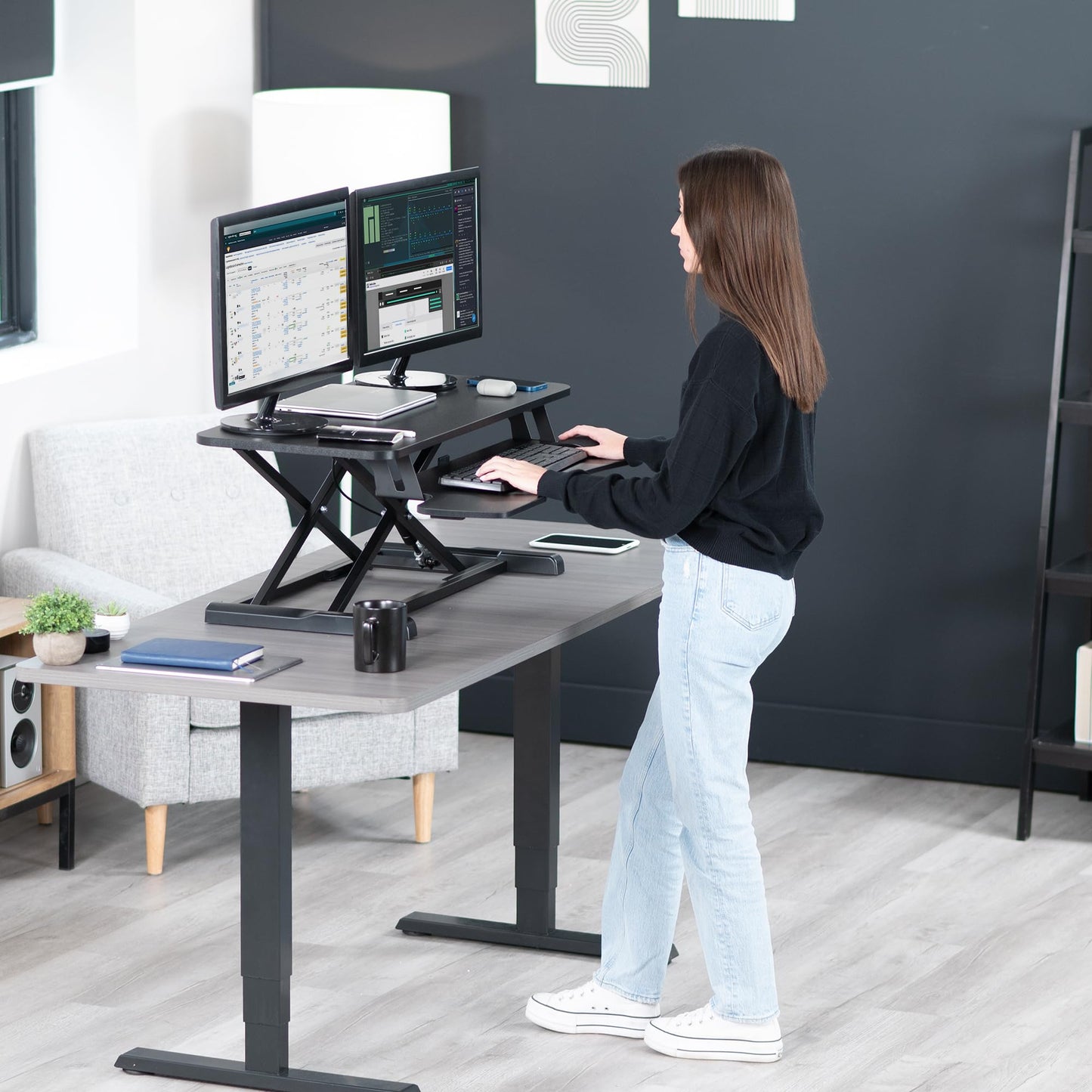 VIVO 36 inch Desk Converter, K Series, Height Adjustable Sit to Stand Riser, Dual Monitor and Laptop Workstation with Wide Keyboard Tray, Black, DESK-V036KB