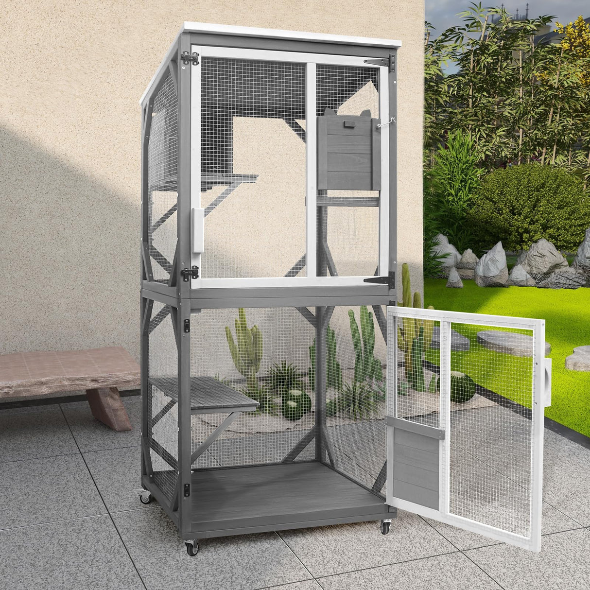 GEGURI Large Cat House Outdoor Catio Enclosure, Indoor Wooden Kitten Cage with Upgraded Resting Box, Waterproof Roof GEGURI