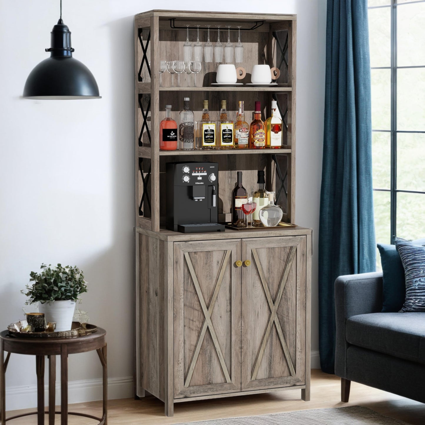 YITAHOME 67" Tall Wine Bar Cabinet for Liquor Storage with Glasses Rack, Doors and Shelves, Freestanding Farmhouse Home Buffet Coffee and Wine Bar Cabinet for Living Room, Dining Room, Kitchen, Grey