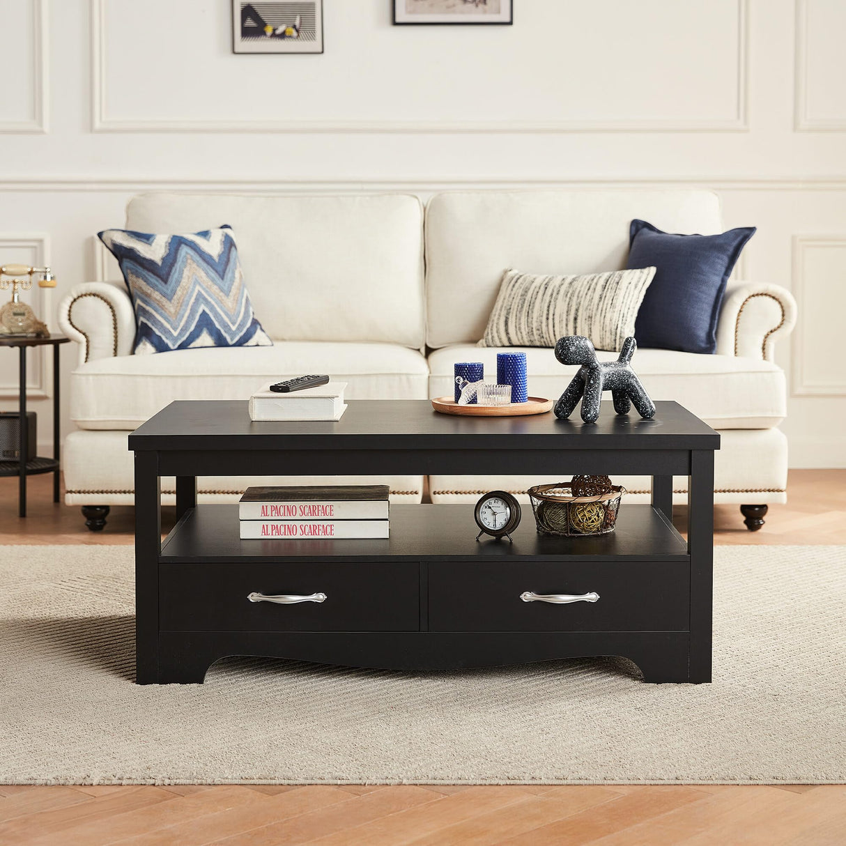 LINSY HOME Farmhouse Coffee Table with Storage, Wood Coffee Table for Living Room, Open Display Area and Storage Drawers with Metal Handles, Chic Style with Curved Base, Black LINSY HOME