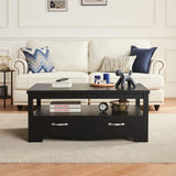 LINSY HOME Farmhouse Coffee Table with Storage, Wood Coffee Table for Living Room, Open Display Area and Storage Drawers with Metal Handles, Chic Style with Curved Base, Black LINSY HOME