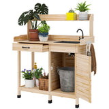Outsunny Potting Bench Table with Sink, Outdoor Work Bench Table with Storage Cabinet, Hooks, Removable Sink, Faucet and Drawer for Greenhouse, Garden, Patio, Natural Wood Outsunny