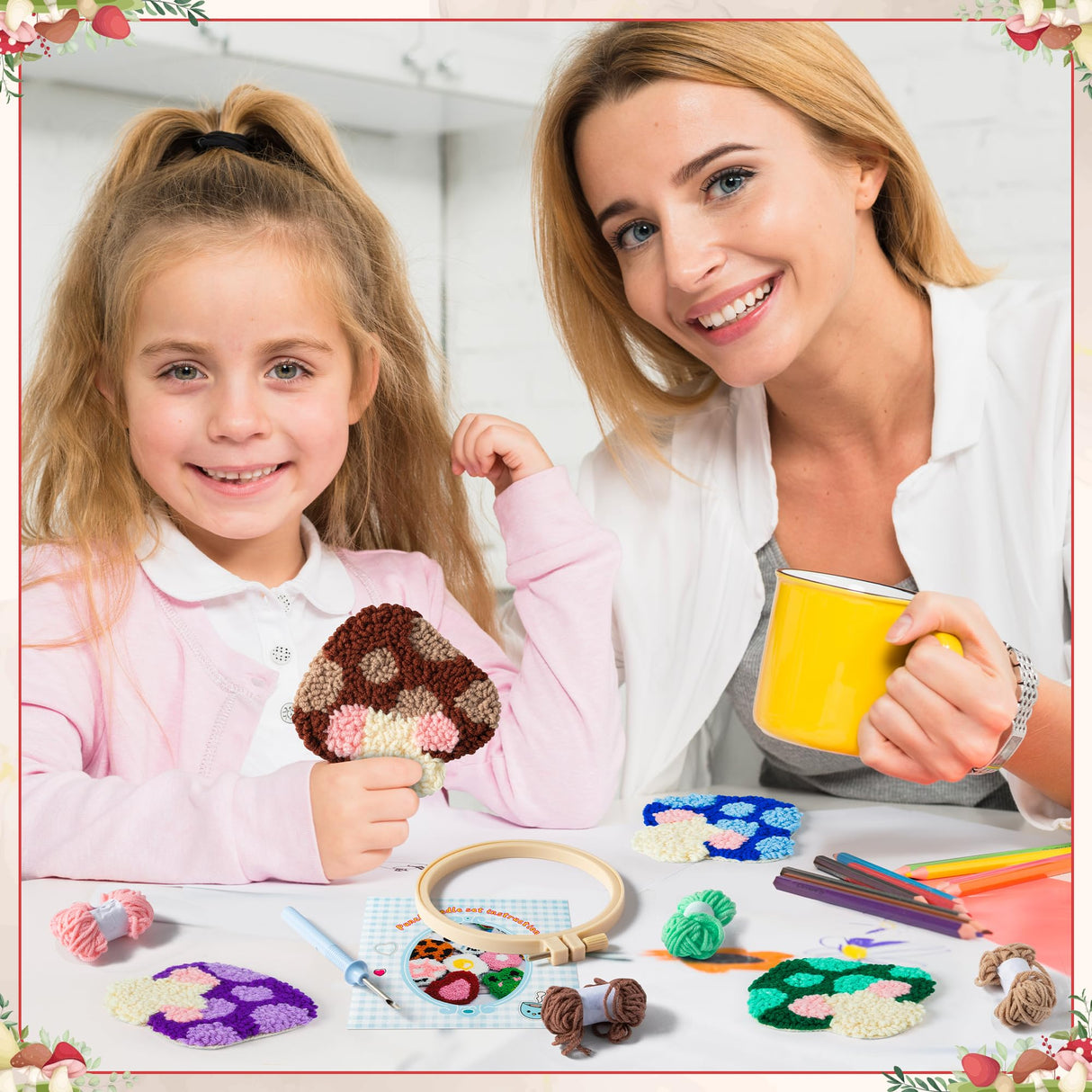 WATINC Mushroom Punch Needle Coaster Kit - 22Pcs Easy Art Work Decor Coasters Kits for Beginners, DIY Set of 6 Mushroom Pattern Tufted Rug Pads with Adhesive Felt Yarns Embroidery Hoop Instruction WATINC