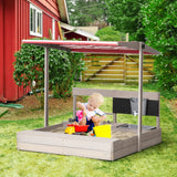 Outsunny Kids Sandbox with Canopy Adjustable, Wooden Sandbox Backyard Toy with Kitchen Playset Accessories, Outdoor Activity Gift for Girls and Boys, Ages 3-7 Outsunny