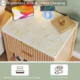Fluted Nightstand with 2 Drawers, 24'' Night Stand with Wireless Charging Station, Mid Century Modern Side Table with Faux Marble Top, Large Wooden Bedside End Table for Bedroom, Oak HUAHUU