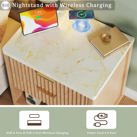 Fluted Nightstand with 2 Drawers, 24'' Night Stand with Wireless Charging Station, Mid Century Modern Side Table with Faux Marble Top, Large Wooden Bedside End Table for Bedroom, Oak HUAHUU