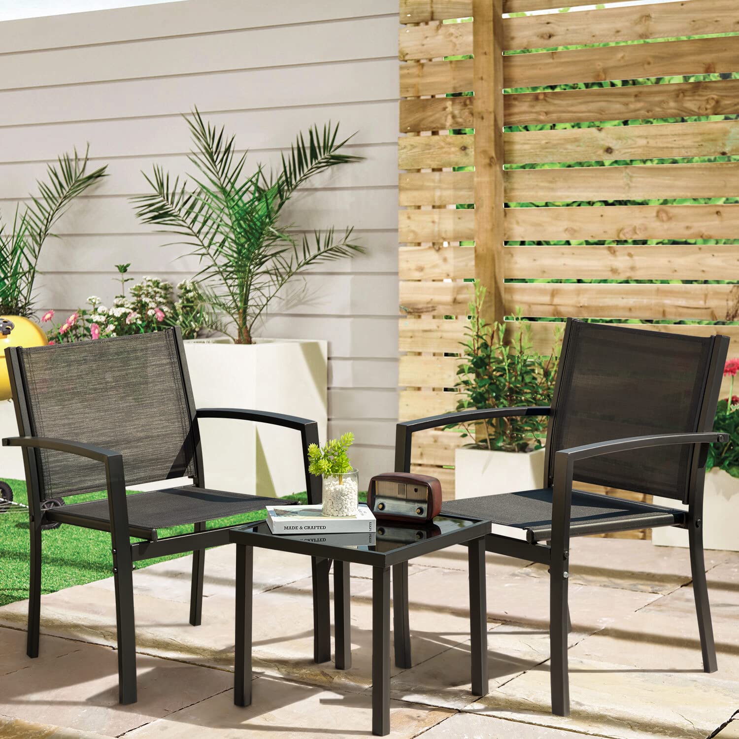 Greesum 3 Pieces Patio Furniture Outdoor Bistro Set Textilene Fabric Chairs for Lawn, Garden, Balcony, Poolside with A Glass Coffee Table, Black - WoodArtSupply