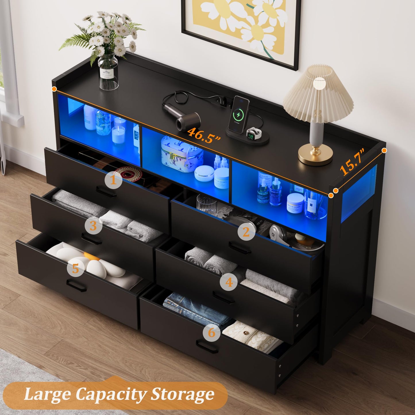 Whalefall Black LED Dresser for Bedroom, 6 Drawer Dressers & Chests of Drawers with Power Strip, Modern Dressers Wooden Storage Cabinet for Adults, Kids - WoodArtSupply