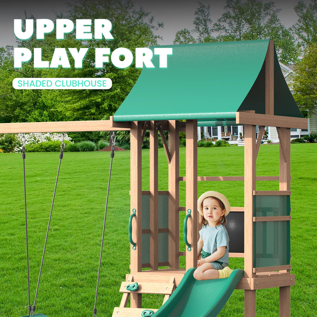 All Spruce Wooden Swing Sets for Backyard for Kids 3-12, Swingset Outdoor for Kids, Outdoor Kids Swing Sets for Backyard with 2 Belt Swings, Slide, Climber, Sandbox Area, Blackboard, Play Deck BUPPLEE