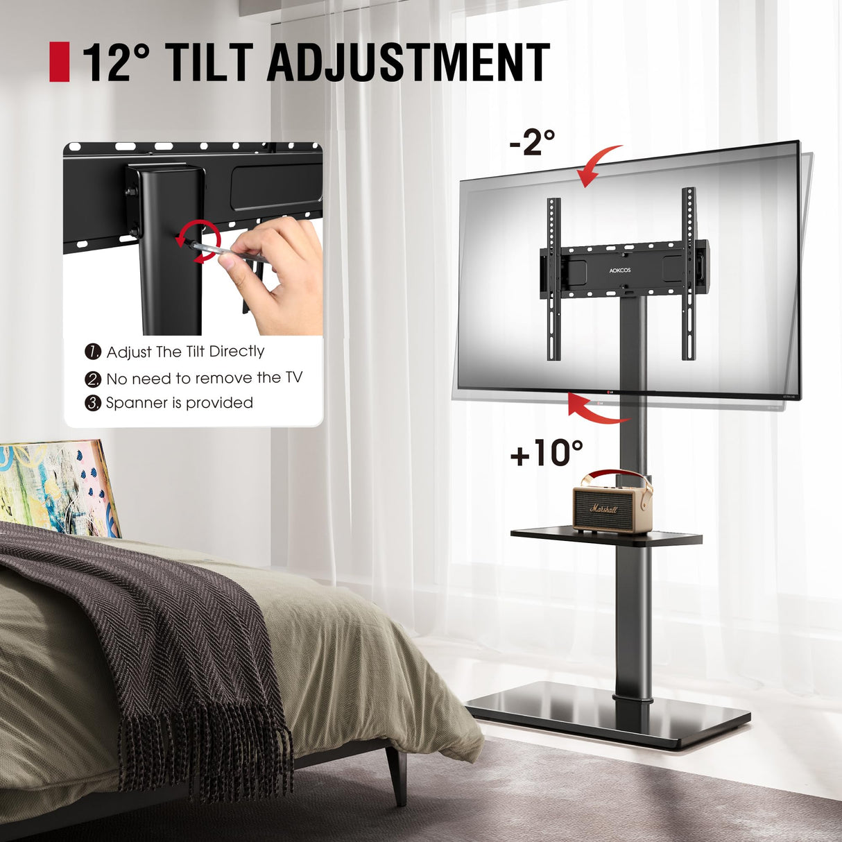 AOKCOS Floor TV Stand with 60-Degree Swivel, TV Floor Stand for 32-65 inch TVs up to 88lbs with Tilt, 8 Level Height Adjustable Tall TV Mount Stand with Shelf, Tempered Glass Base, MAX VESA 400x400mm AOKCOS