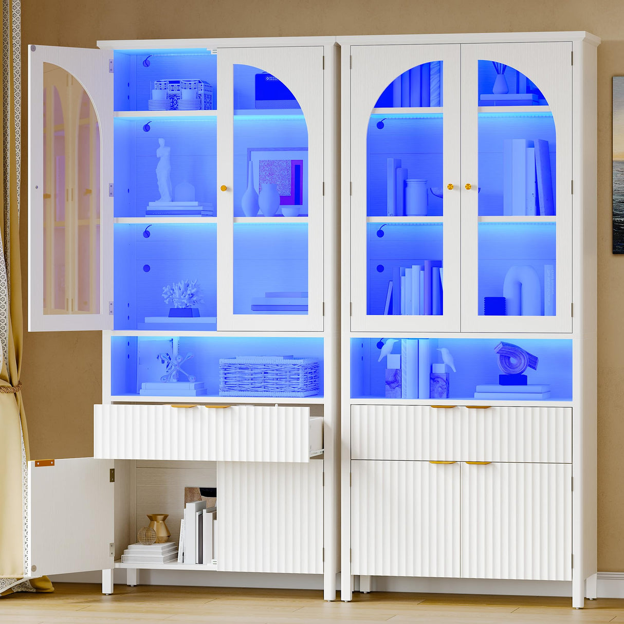 YITAHOME 72" Tall Fluted Bookshelf with LED Lights, White Bookcase with Drawers, Arched Glass Doors, 6-Tier Storage Cabinet Bookcase for Living Room, Office and Study YITAHOME