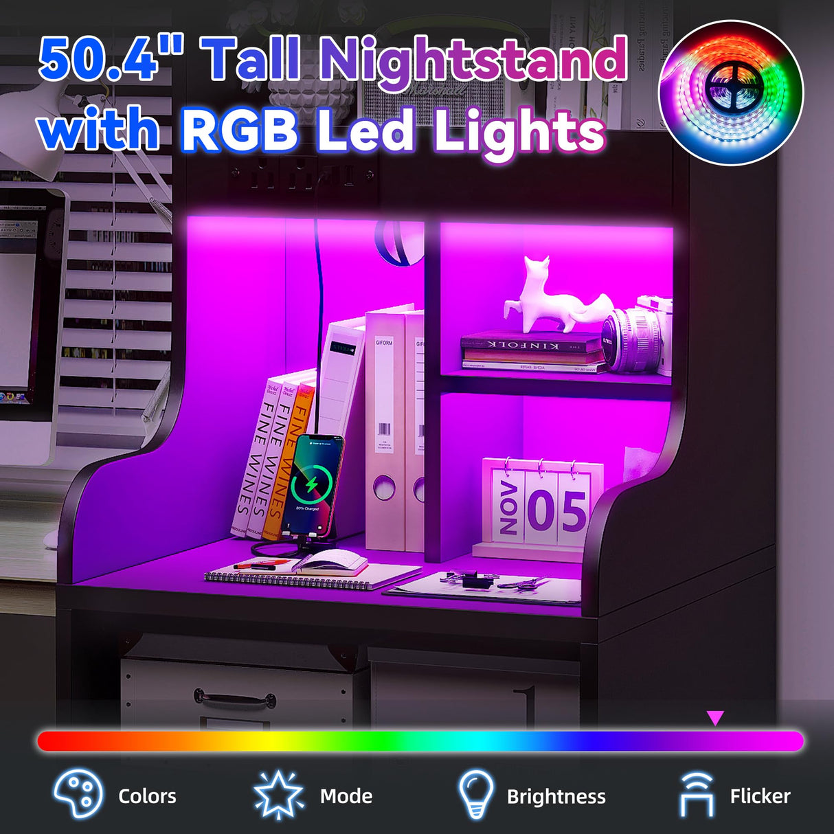 EnHomee Tall Nightstand with USB Ports, 20-Color LED Lights & 2 Drawers - Black Farmhouse Design EnHomee