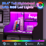 EnHomee Tall Nightstand with USB Ports, 20-Color LED Lights & 2 Drawers - Black Farmhouse Design EnHomee