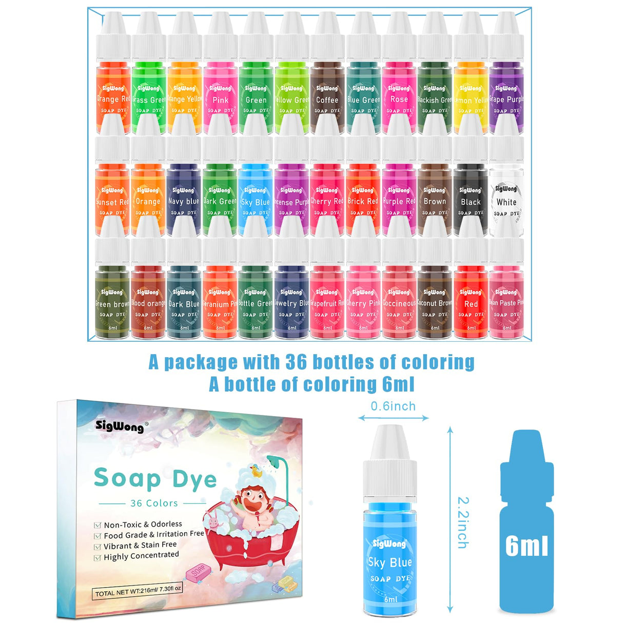 Bath Bomb Soap Dye - 36 Colors Concentrated Food Grade Skin Safe Liquid Based Colorant Vibrant Rainbow Coloring for Making DIY, Supplies Kit, Salt Crafting SigWong