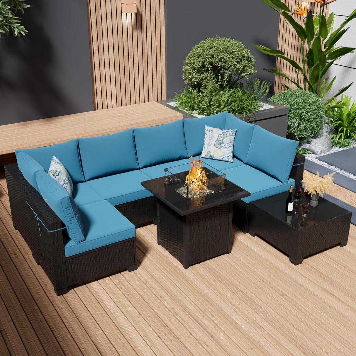 Ophelian 8 Piece Wicker Patio Furniture Set with Fire Pit Table, Rattan Outdoor Sectional Sofa, Patio Couch Set for Backyard, Garden, Deck (Coffee/Peacock Blue) Ophelian