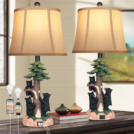 Hamucd Rustic Farmhouse Climbing Bear Table Lamps Set of 2 for Living Room with USB A+C,Bedroom Accent Tree Nightstand Lamps for Western Country Wood Cottage Christmas Decor(2 Bulbs Included) Hamucd