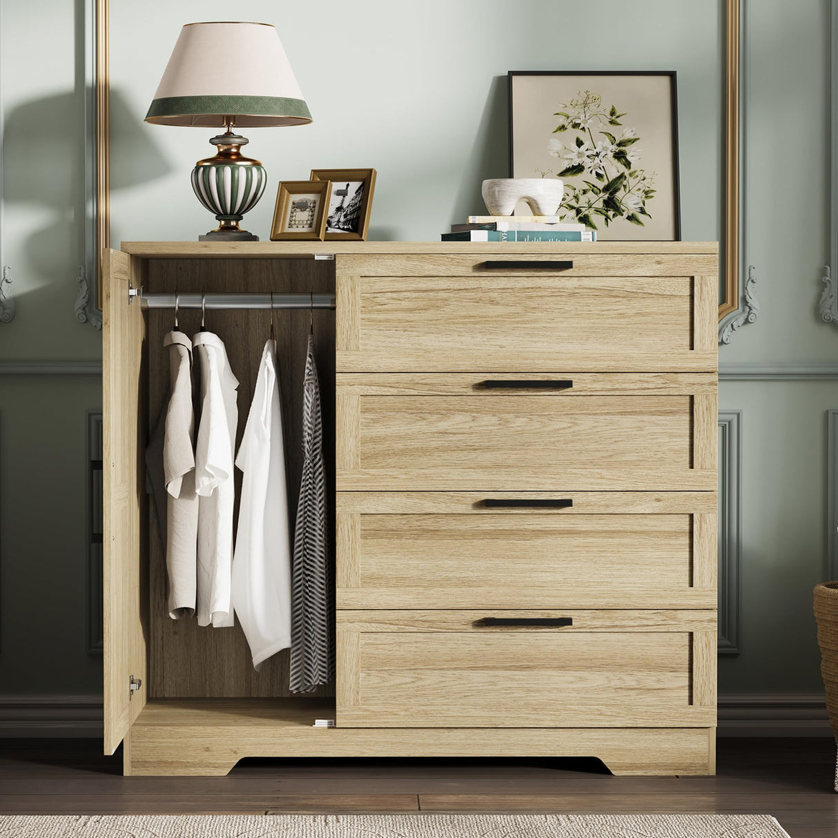 GarveeHome Wood Armoire Wardrobe Closet with 4 Drawers and Door, 43.3 in H Bedroom Wardrobe Cabinet with Hanging Rod, Clothing Storage Cabinets, 4 Drawers Dresser with Storage Closet, Natural Oak GarveeHome