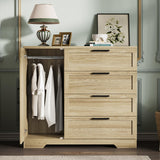 GarveeHome Wood Armoire Wardrobe Closet with 4 Drawers and Door, 43.3 in H Bedroom Wardrobe Cabinet with Hanging Rod, Clothing Storage Cabinets, 4 Drawers Dresser with Storage Closet, Natural Oak GarveeHome