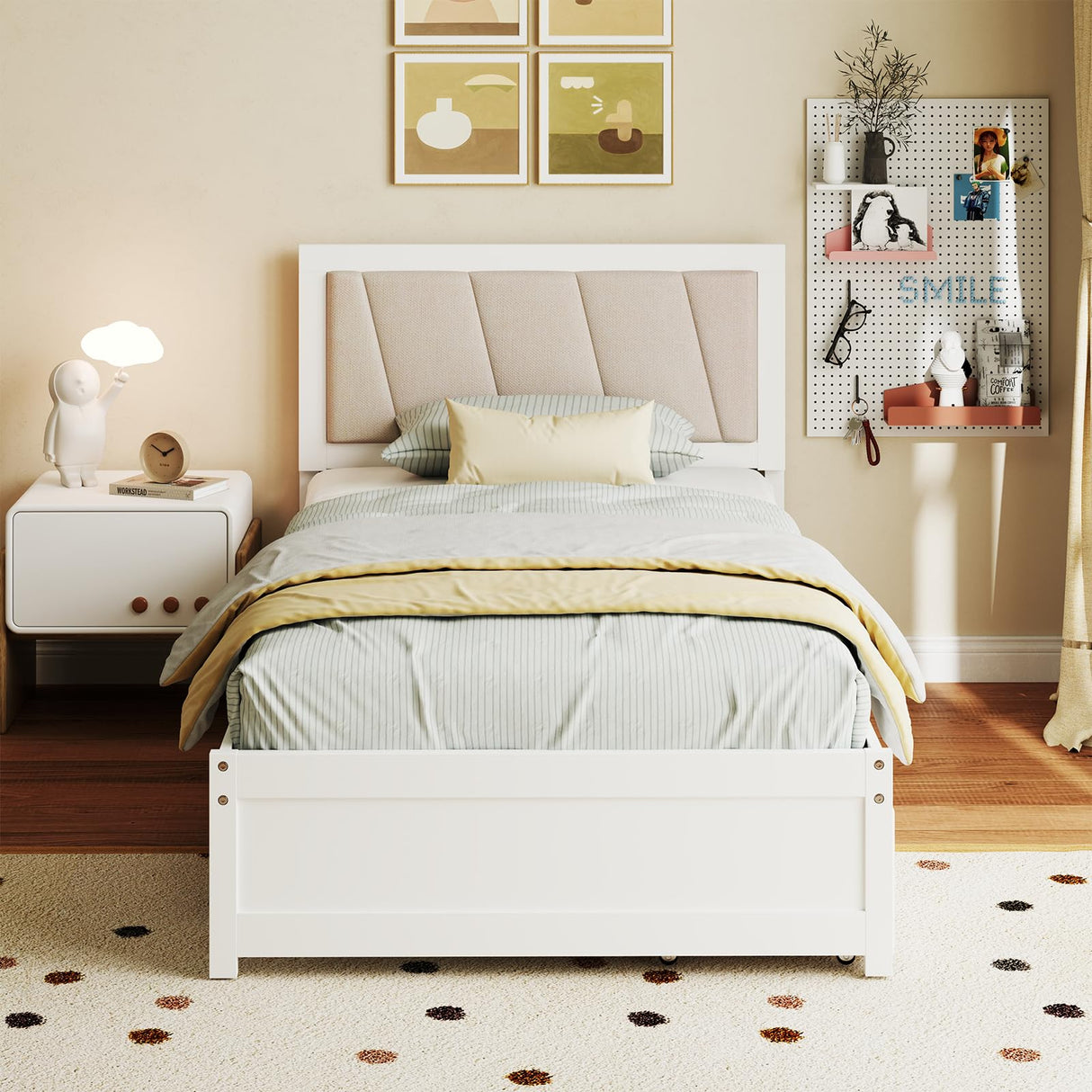 Giantex Wood Twin Bed with 2 Storage Drawers, Solid Wood Platform Bed with Upholstered Headboard, Wooden Slats Support, Twin Bed Frames for Kids Teens Adults, No Box Spring Needed, White & Beige Giantex