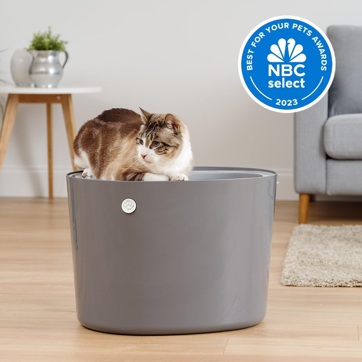 IRIS USA Large Top Entry Cat Litter Box with Scoop, Stylish Round Cat Litter Box Enclosure, Kitty Litter Box, Dark Gray/White IRIS