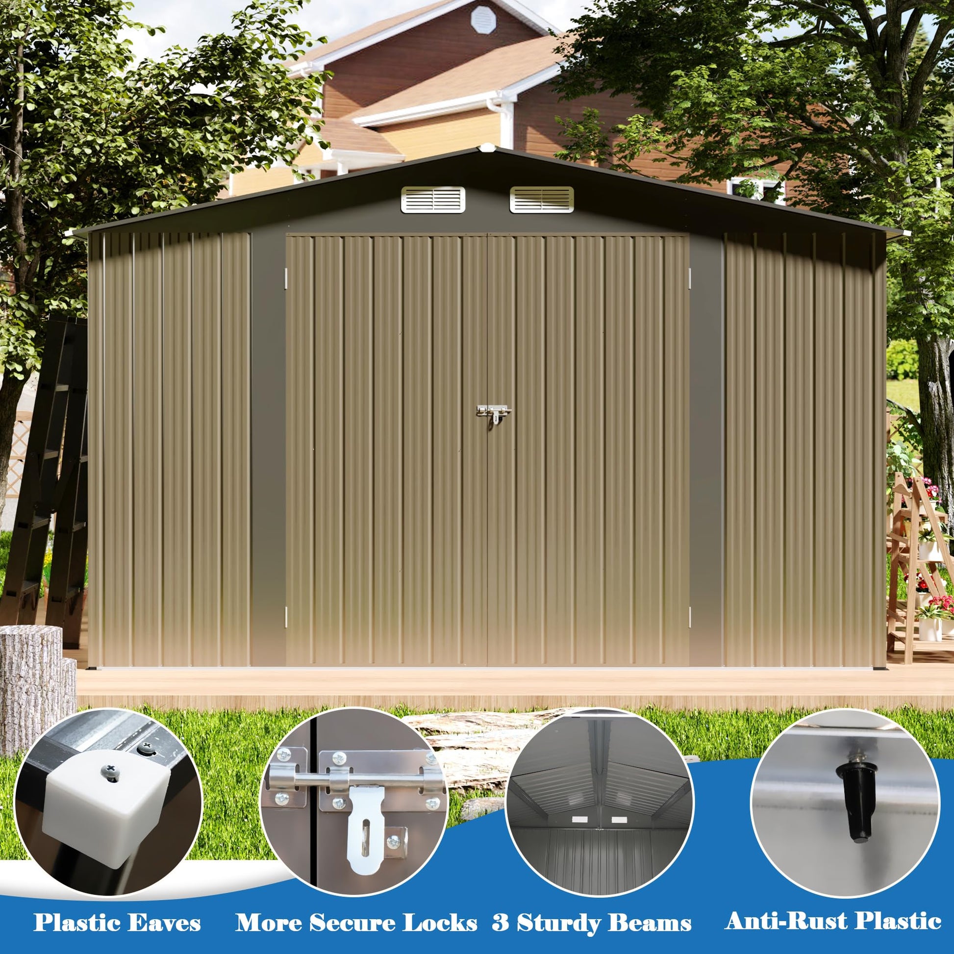 TIMWNER Large Storage Shed, 10' × 8' FT Metal Storage Shed with Lockable Door, Waterproof Shed Outdoor Use, Tool Shed with Windows for Bike, Garden, Brown - WoodArtSupply