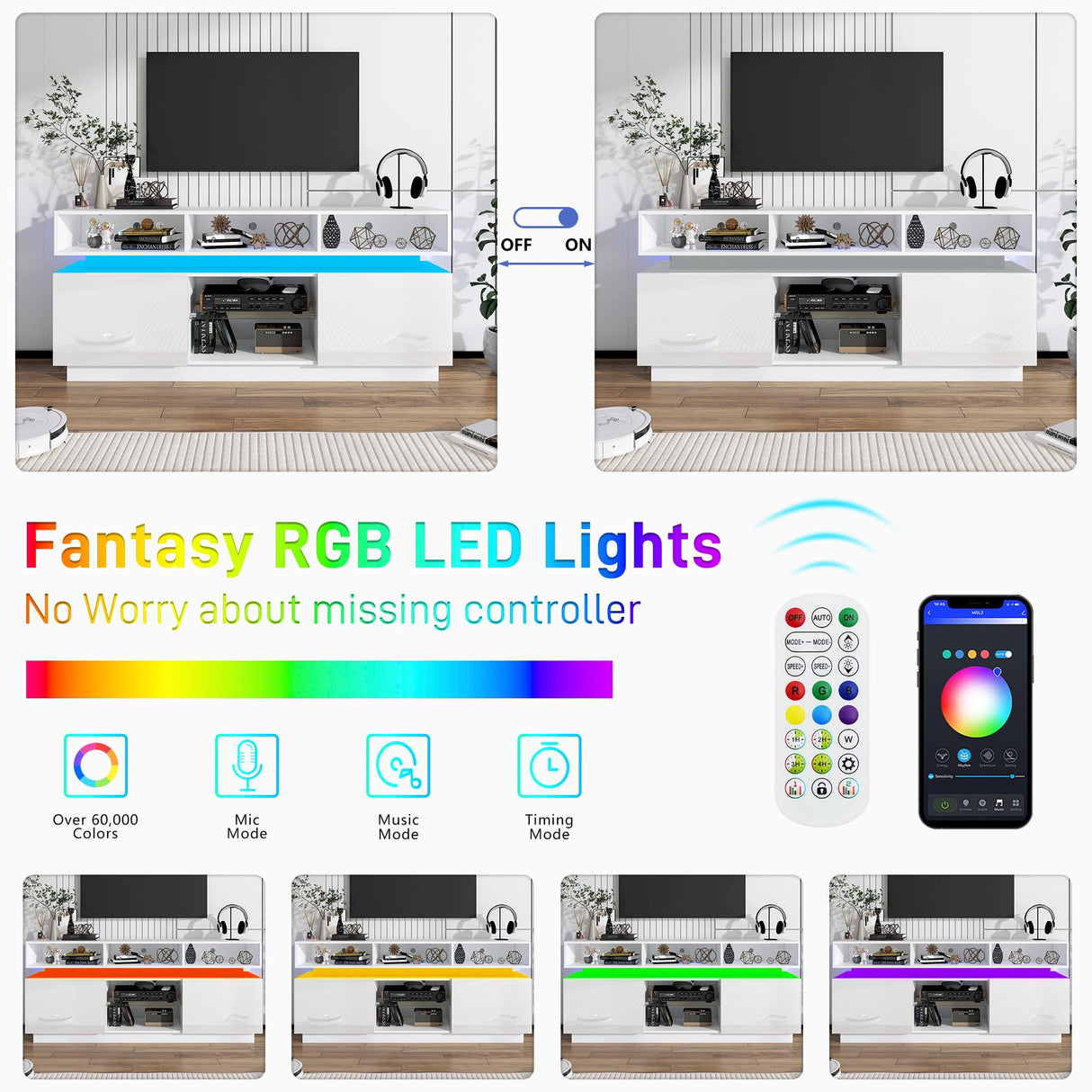 chartustriable LED TV Stand for 75 Inch TV, Modern Tall Entertainment Center with Storage, High Gloss Gaming TV Media Console with Glass Shelf for Living Room, 63 Inch, White chartustriable