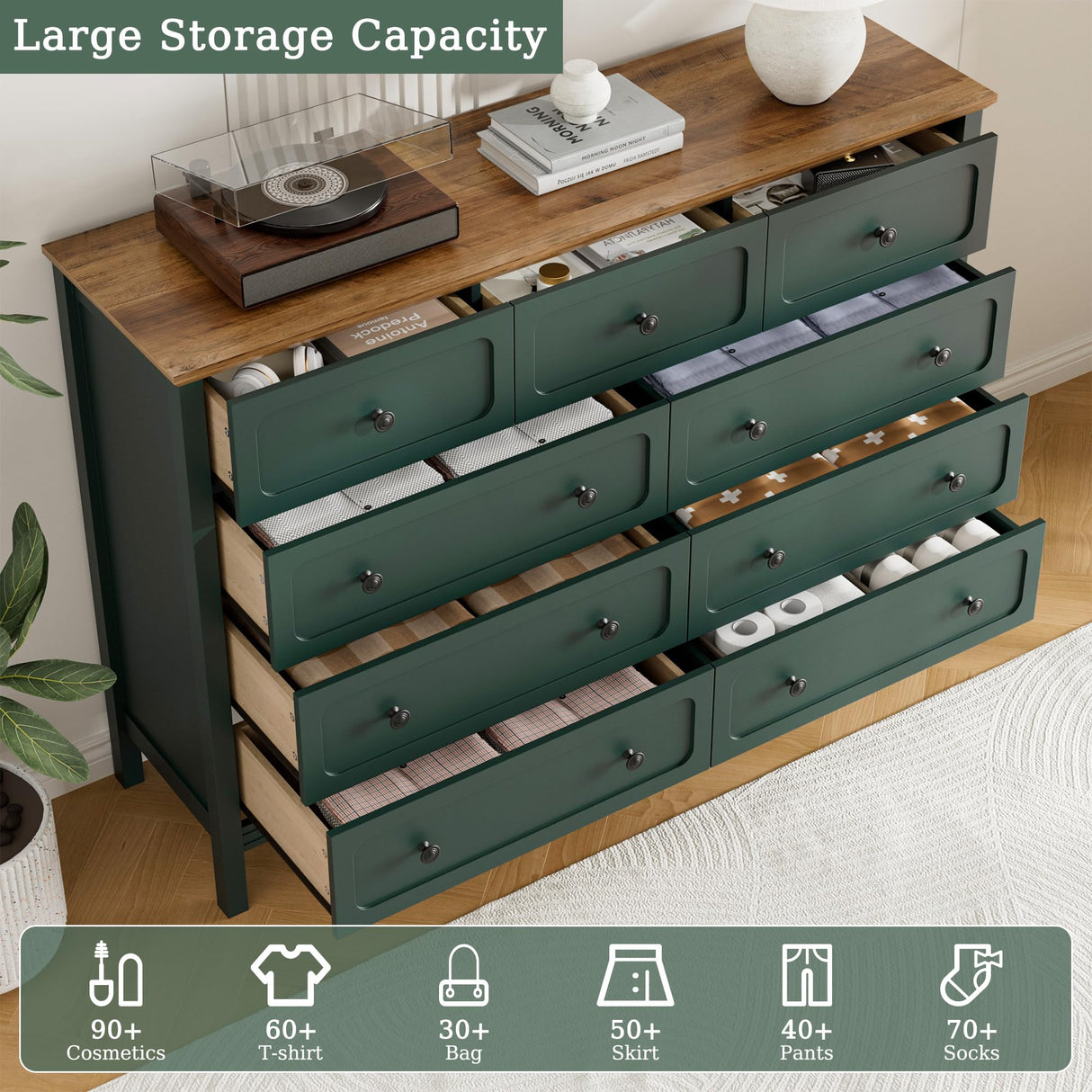 Tradare Dresser for Bedoom, Modern Chest of Drawers, Wood 9 Drawer Dresser with Metal Handles, Storage Organizer Wide Dressers for Living Room, Hallway, Entryway, Green Tradare