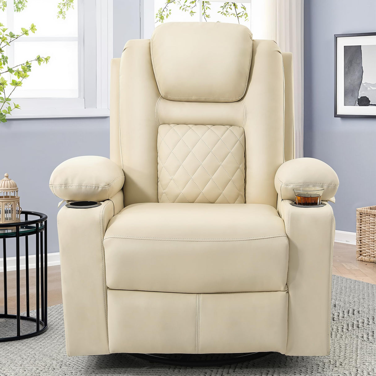YITAHOME Recliner Chair,PU Rocking Chair for Adults,Swivel Recliner with Cup Holders,Heat and Massage,Single Sofa Seat with Side Pockets for Living Room/Bedroom,White YITAHOME