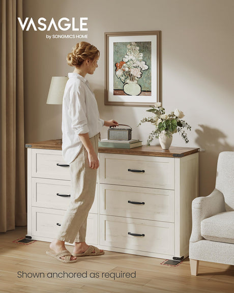 VASAGLE LIRY Collection - 6-Drawer Dresser for Bedroom, 54-Inch Wide Modern Farmhouse Chest of Drawers with Metal Handles, TV Stand, for Living Room, Entryway, Anti-Tipping, Rustic White ULTS661WJ01S VASAGLE