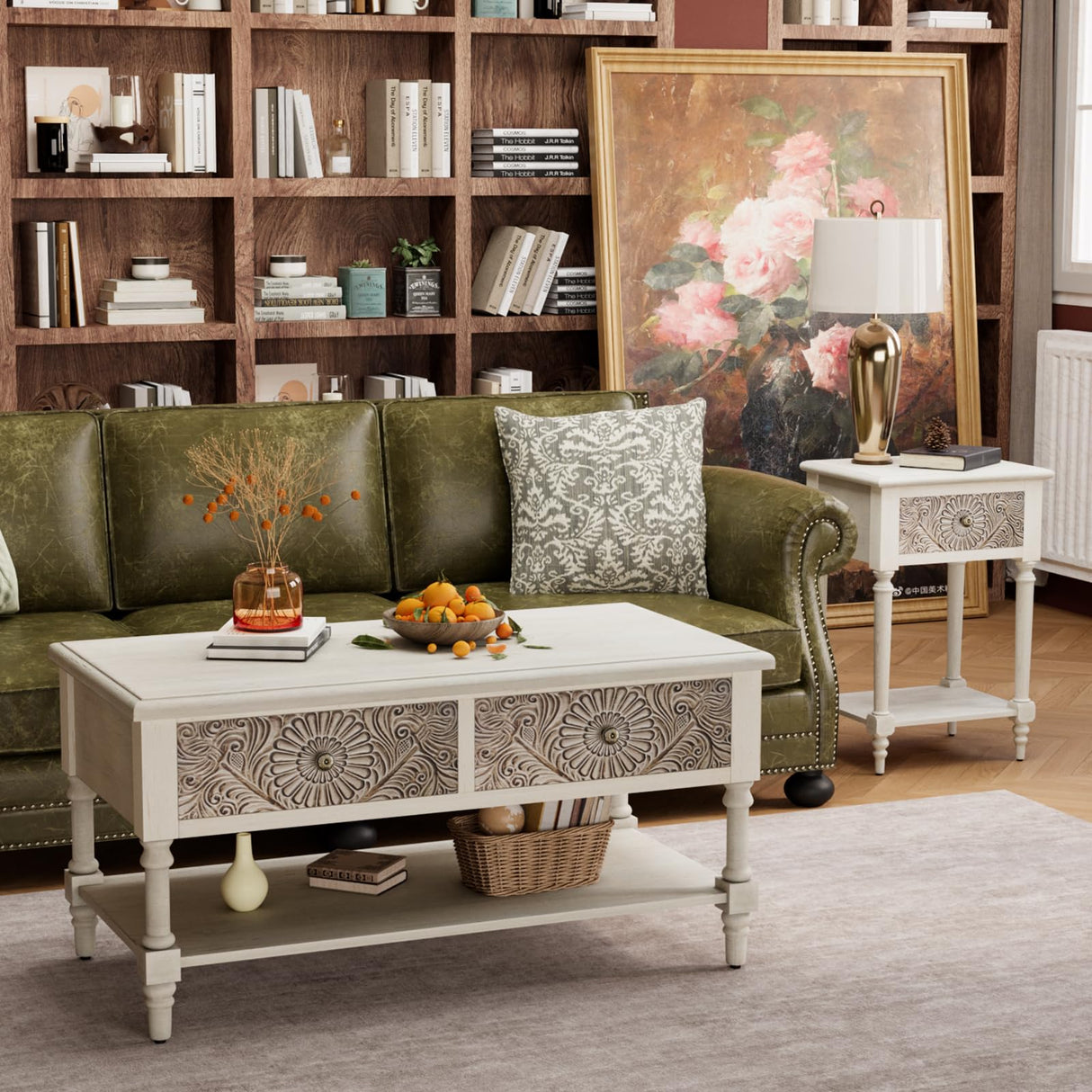 COSIEST Vintage Coffee Table w Drawers, Farmhouse 2 Tier Small Wood Coffee Table with Solid Wood Legs, Wood Rectangular Tables with Shelf for Living Room COSIEST