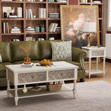 COSIEST Vintage Coffee Table w Drawers, Farmhouse 2 Tier Small Wood Coffee Table with Solid Wood Legs, Wood Rectangular Tables with Shelf for Living Room COSIEST