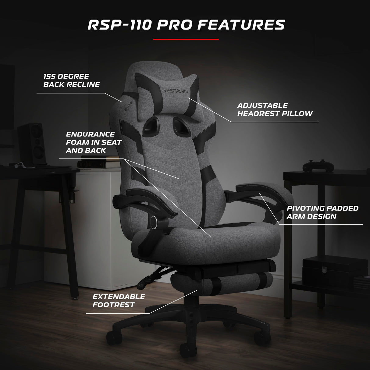 RESPAWN 110 Pro Gaming Chair - Gaming Chair with Footrest, Reclining Gaming Chair, Video Gaming Computer Desk Chair, Adjustable Desk Chair, Gaming Chairs for Adults with Headrest Pillow - Grey Fabric RESPAWN