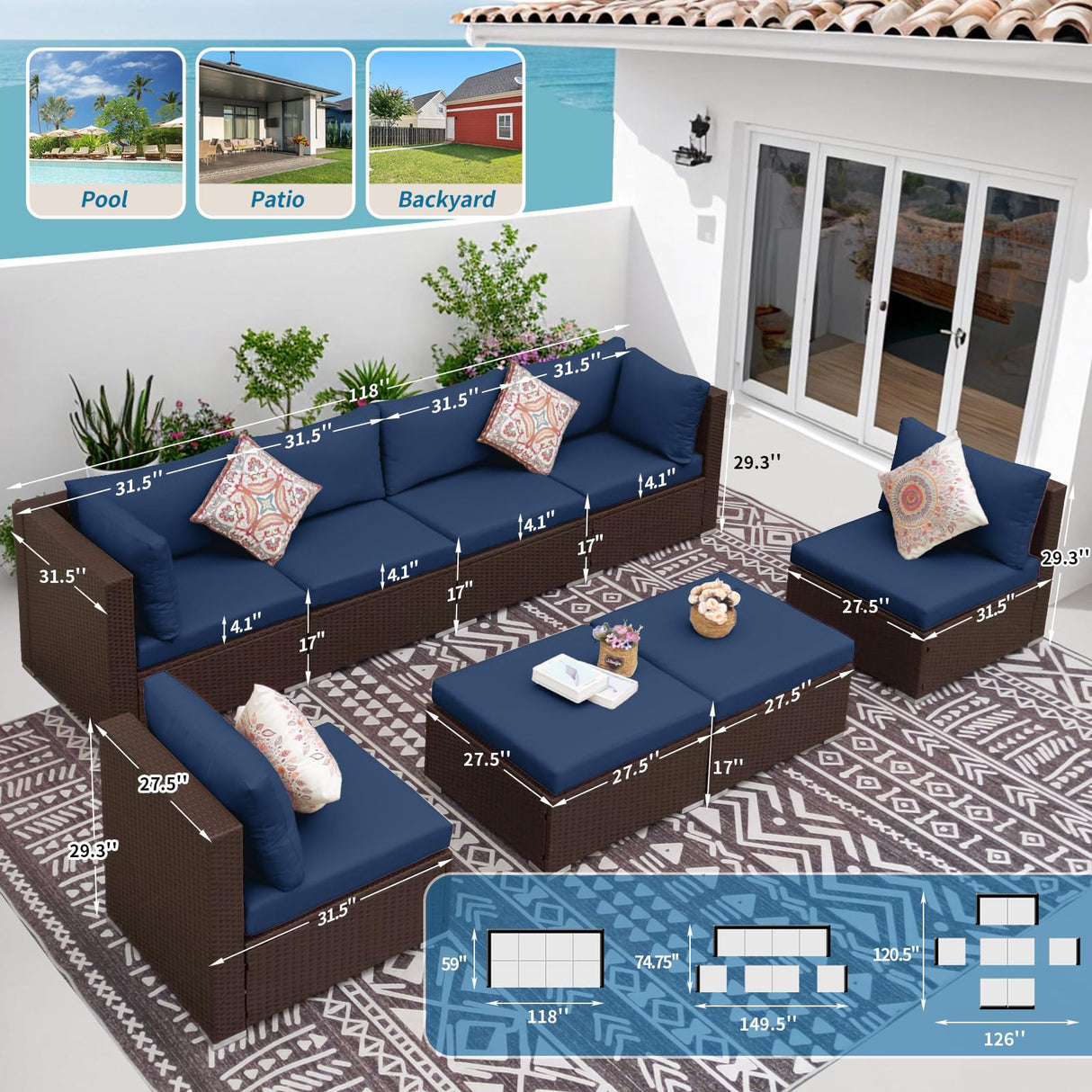 NICESOUL® Large 8 Pieces Brown Deep Seating Patio Backyard Patio Furniture with Ottomans Wicker Sectional Wicker Rattan Conversation Set with Navy Blue Olefin Cushion NICESOUL