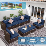 NICESOUL® Large 8 Pieces Brown Deep Seating Patio Backyard Patio Furniture with Ottomans Wicker Sectional Wicker Rattan Conversation Set with Navy Blue Olefin Cushion NICESOUL