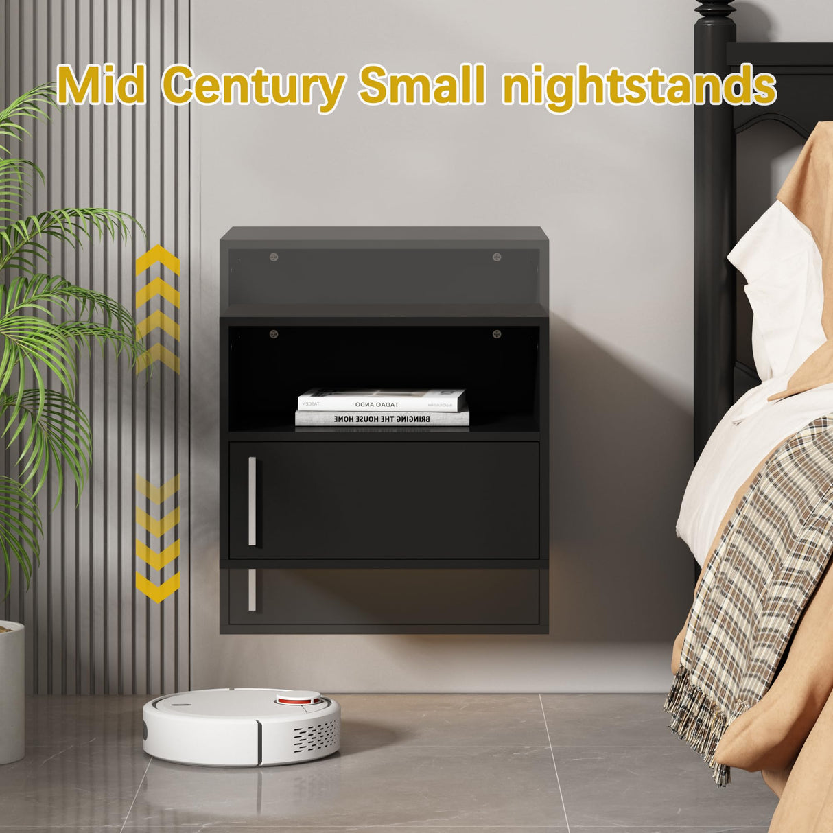 JAXPETY Wall Floating Nightstand Set of 2 Modern Side Table Wall Mounted Shelf with Cabinet Storage for Living Room, Bedroom, Dorm, Black JAXPETY